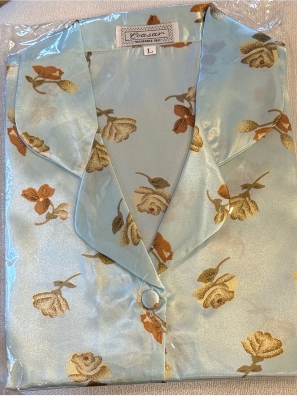 Silk Floral Pajama Top - Light Blue with Gold & Brown Roses